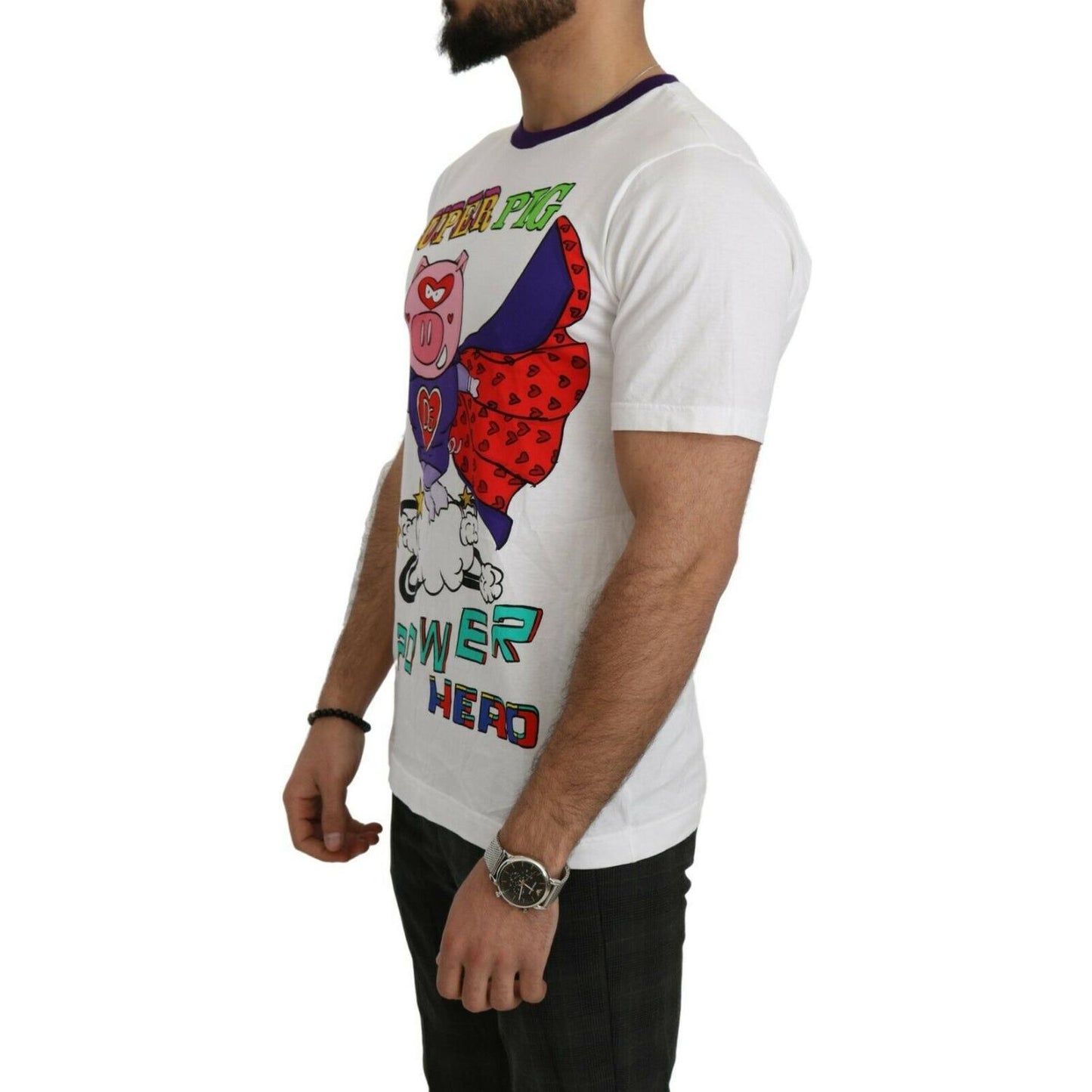 Dolce & Gabbana White Cotton Top Super Power Pig T-shirt