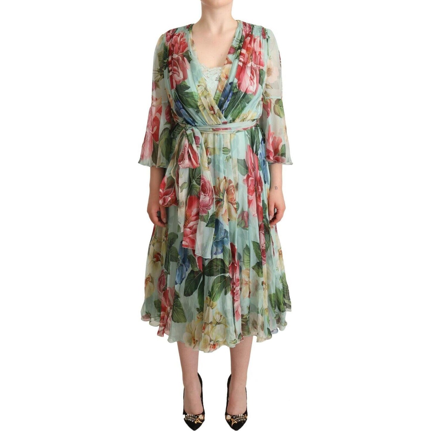 Dolce & Gabbana Elegant Floral Green Midi Silk Dress WOMAN DRESSES Dolce & Gabbana