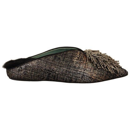 Paola D'Arcano Gold Jacquard Leather Embellished Slip On Shoes