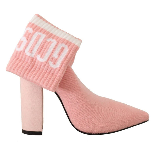 GCDS Pink Suede Logo Socks Block Heel Ankle Boots Shoes GCDS
