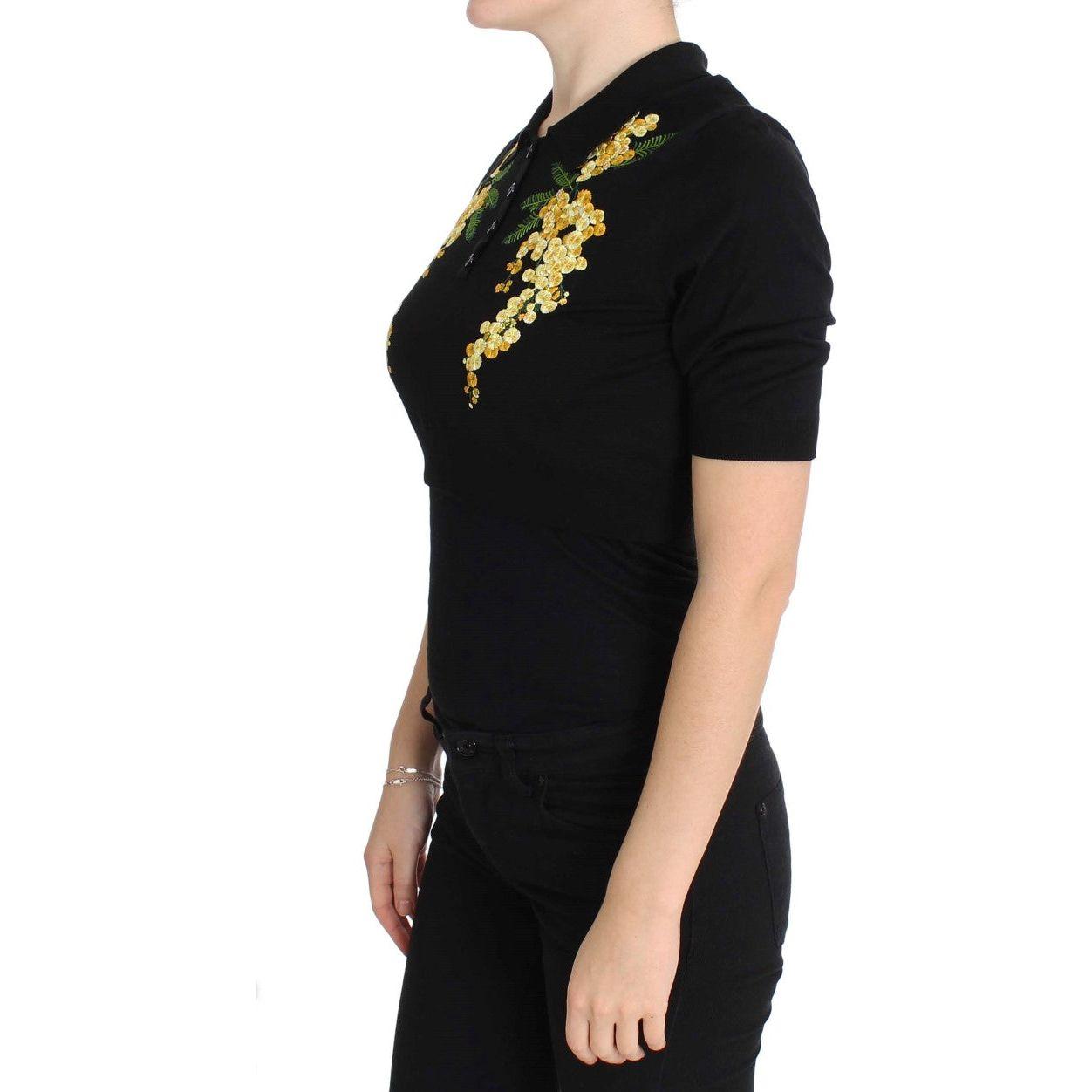 Dolce & Gabbana Elegant Black Silk Floral Polo Top Dolce & Gabbana