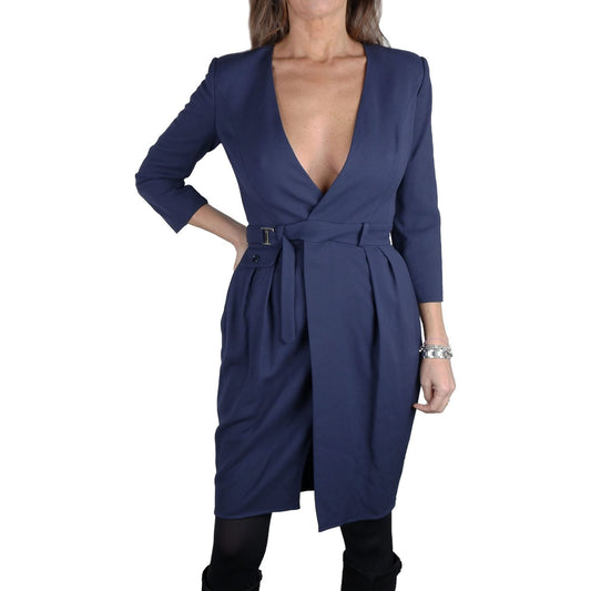 Elisabetta Franchi Elegant V-Neck Belted Dress in Blue Elisabetta Franchi