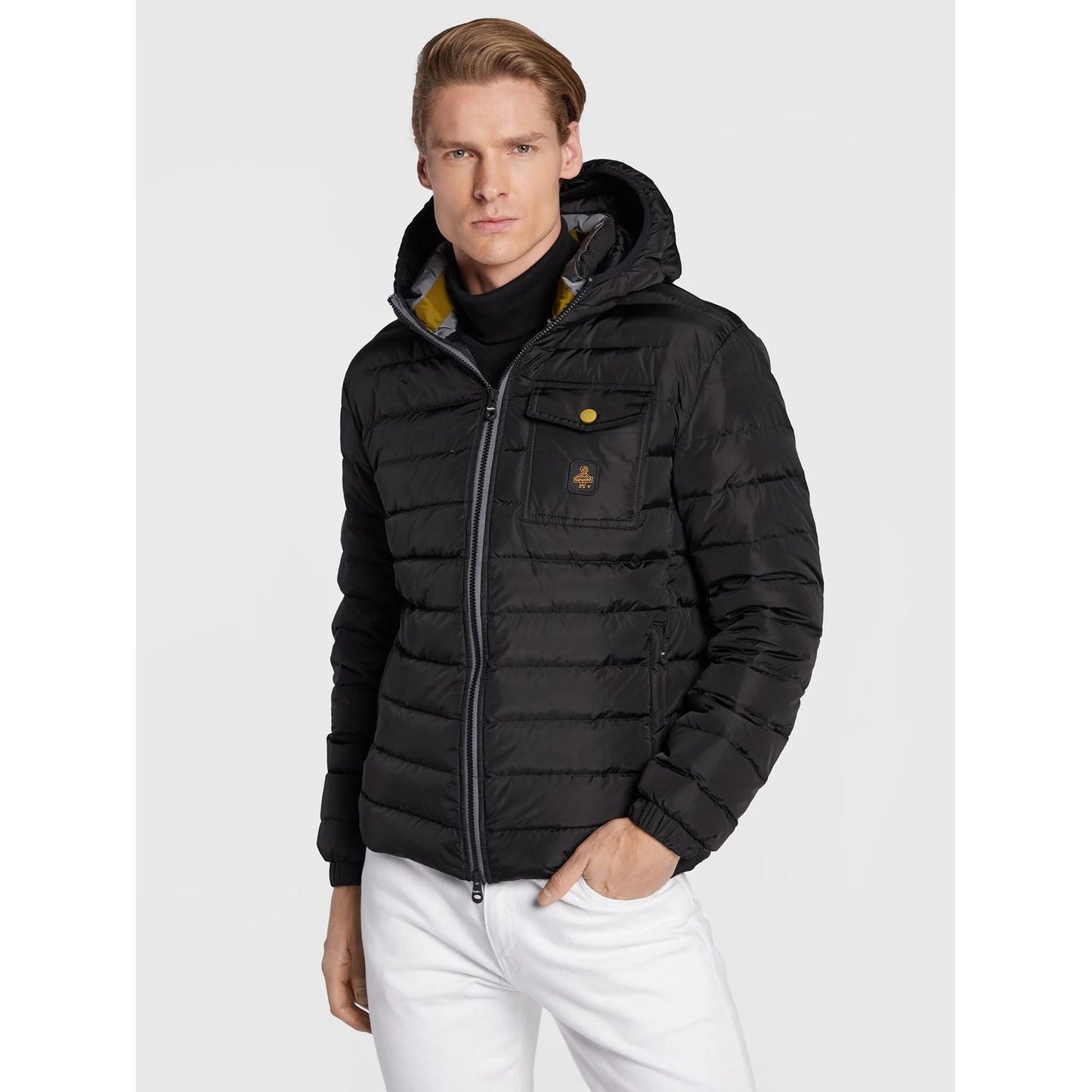 Refrigiwear Elegant Black Hooded Down Jacket with Chic Olive Accent Refrigiwear