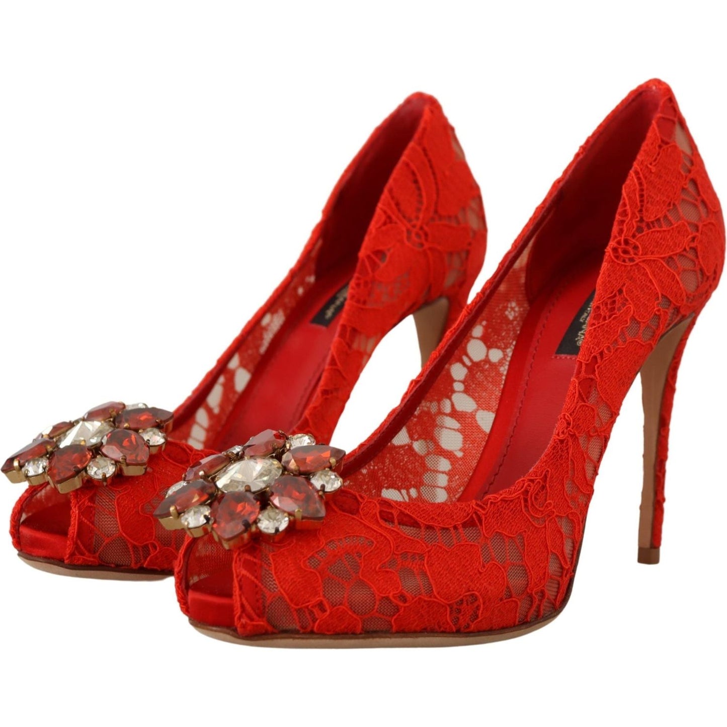 Dolce & Gabbana Red Taormina Lace Crystal Heels Pumps