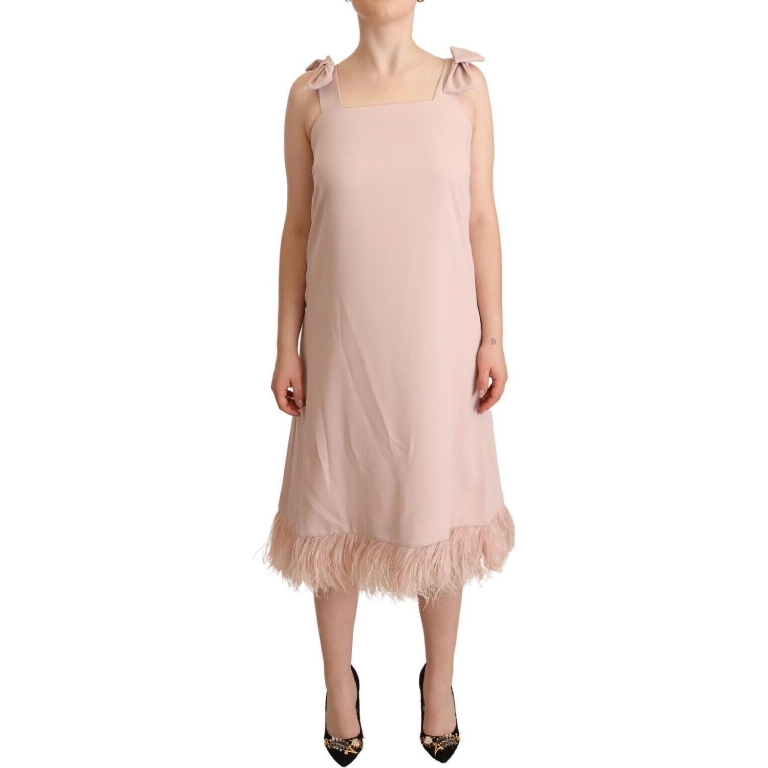 P.A.R.O.S.H. Pink Polyester Sleeveless Midi Feather Shift Dress