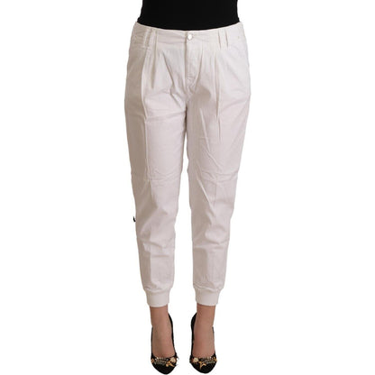 Met White Cotton Mid Waist Tapered Cropped Pants Met
