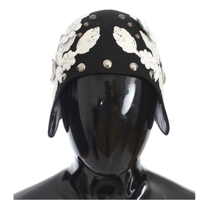 Dolce & Gabbana Black Wool White Floral Gold Leaf Hat