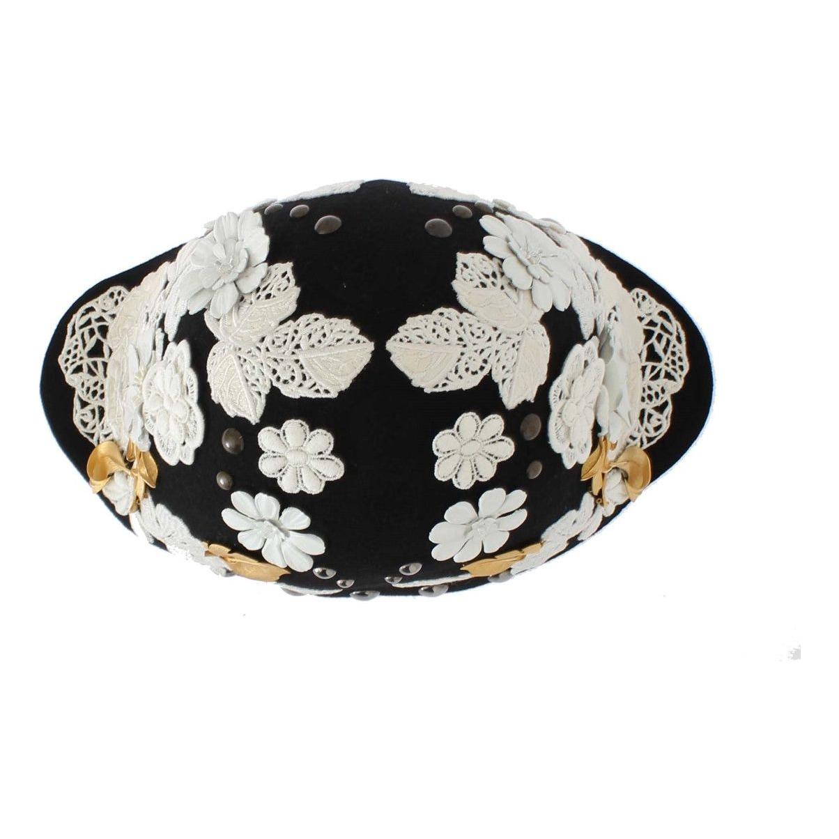 Dolce & Gabbana Elegant Black Floral Wool Cloche Hat Hat Dolce & Gabbana