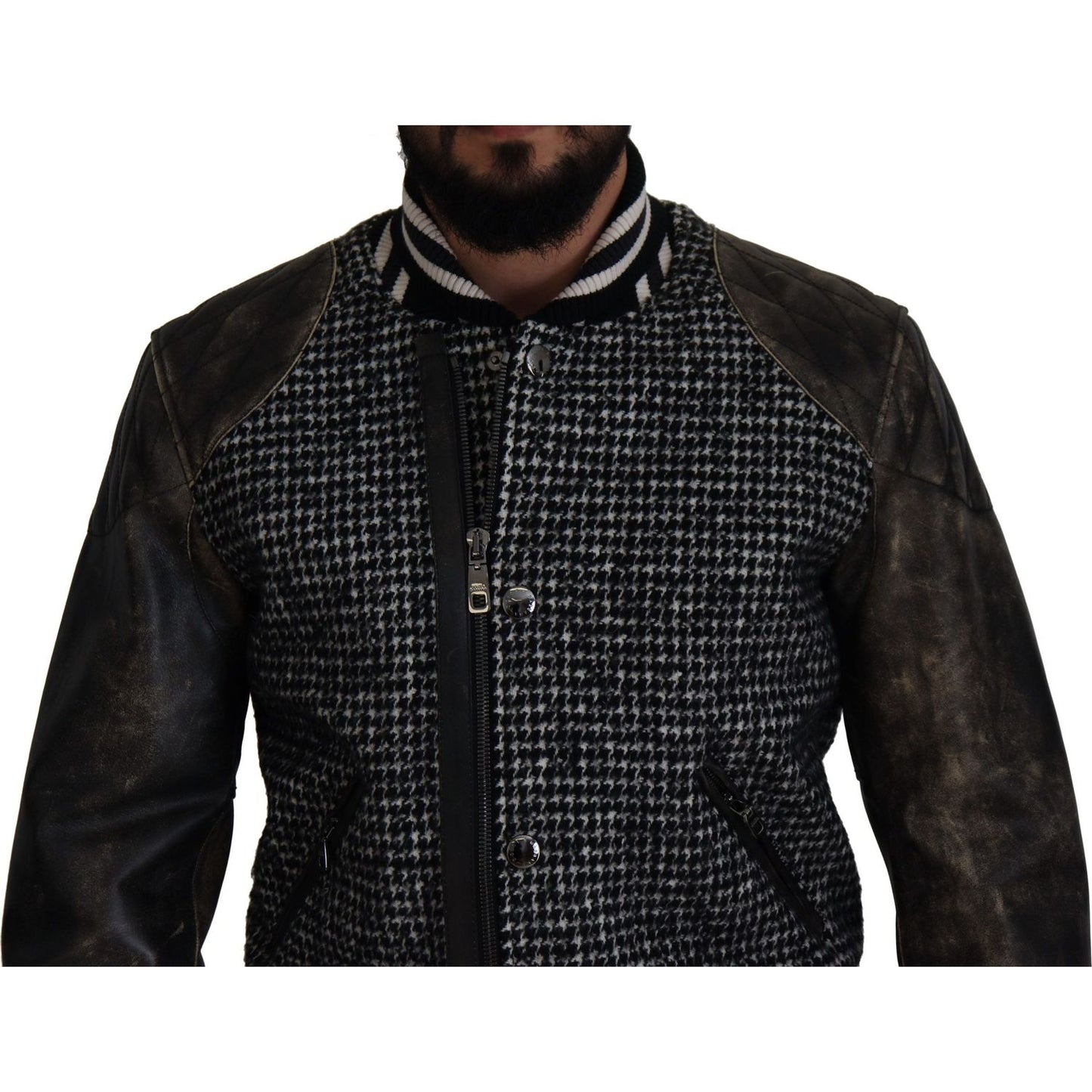 Dolce & Gabbana Multicolor Houndstooth Leather Bomber Jacket Dolce & Gabbana