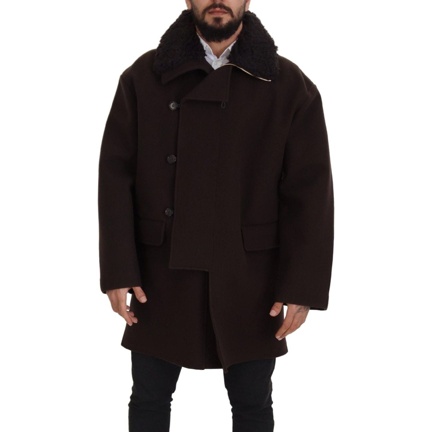 Dolce & Gabbana Elegant Dark Brown Shearling Coat Jacket Dolce & Gabbana