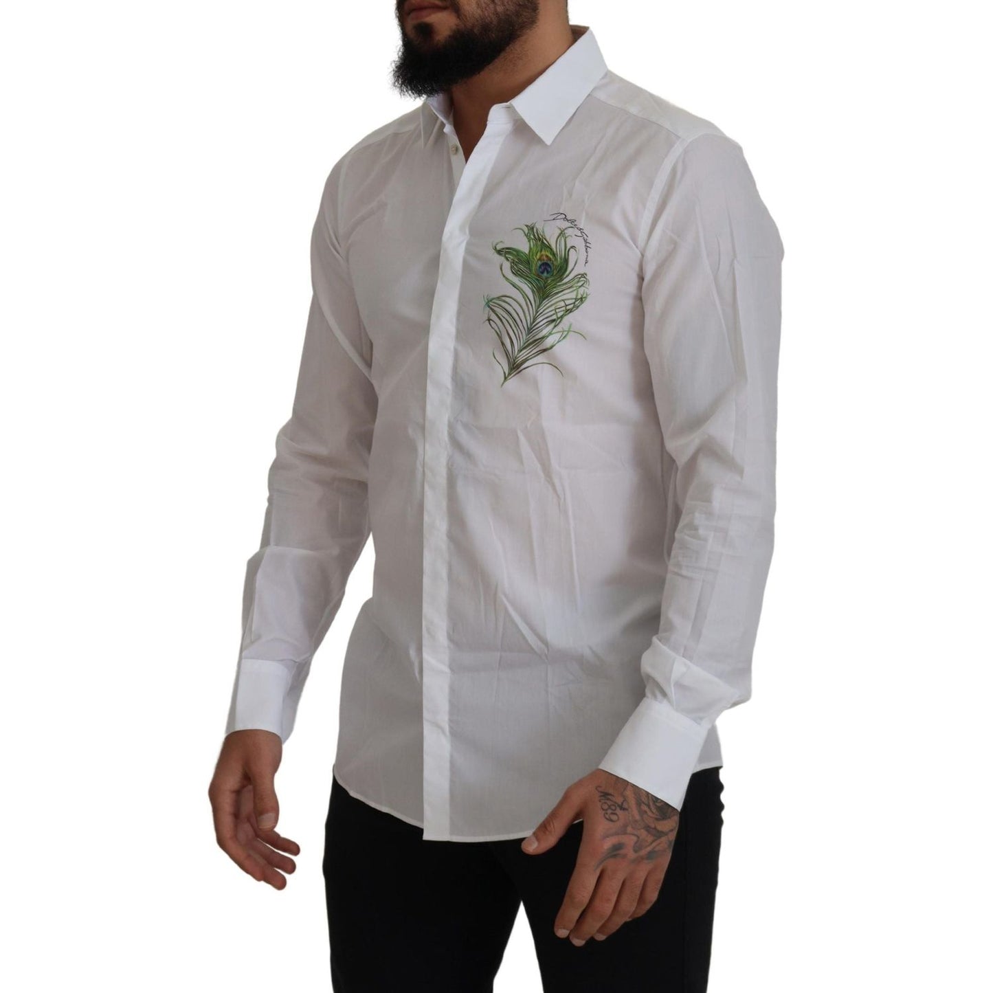 Dolce & Gabbana White Cotton Peacock Feather Formal GOLD Shirt