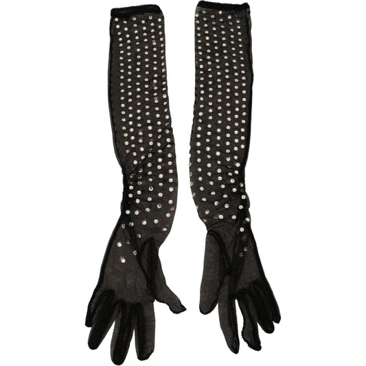 Dolce & Gabbana Black Crystal Elbow Length Cotton Tulle Gloves