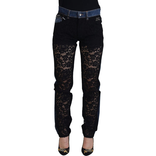 Dolce & Gabbana Elegant Floral Lace Front Denim Jeans & Pants Dolce & Gabbana