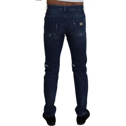 Dolce & Gabbana Blue Cotton Skinny Tattered Denim Jeans