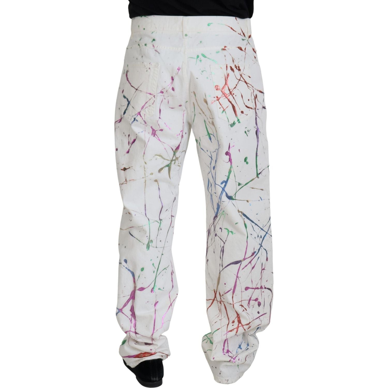 Dolce & Gabbana White Cotton Color Splash Print Denim Pants
