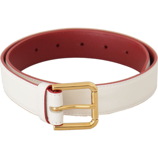 Dolce & Gabbana White Calf Leather Two-Toned Gold Metal Buckle Belt
