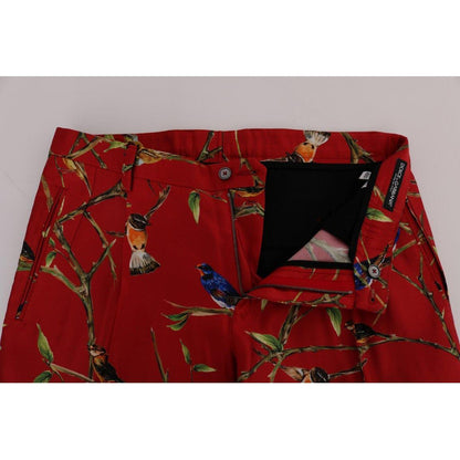 Dolce & Gabbana Red Silk Bird Print Dress Pants
