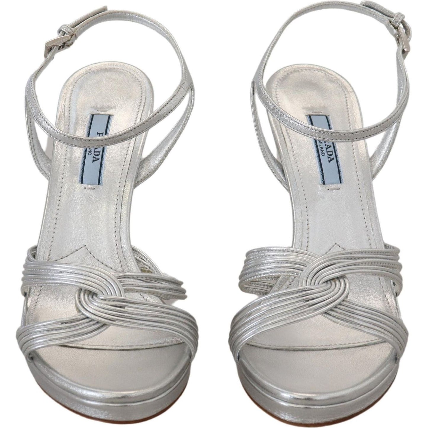 Prada Silver Leather Sandals Ankle Strap Heels Stiletto