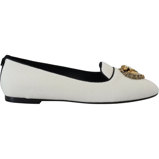 Dolce & Gabbana Elegant White Velvet Loafers with Gold Heart Detail Dolce & Gabbana