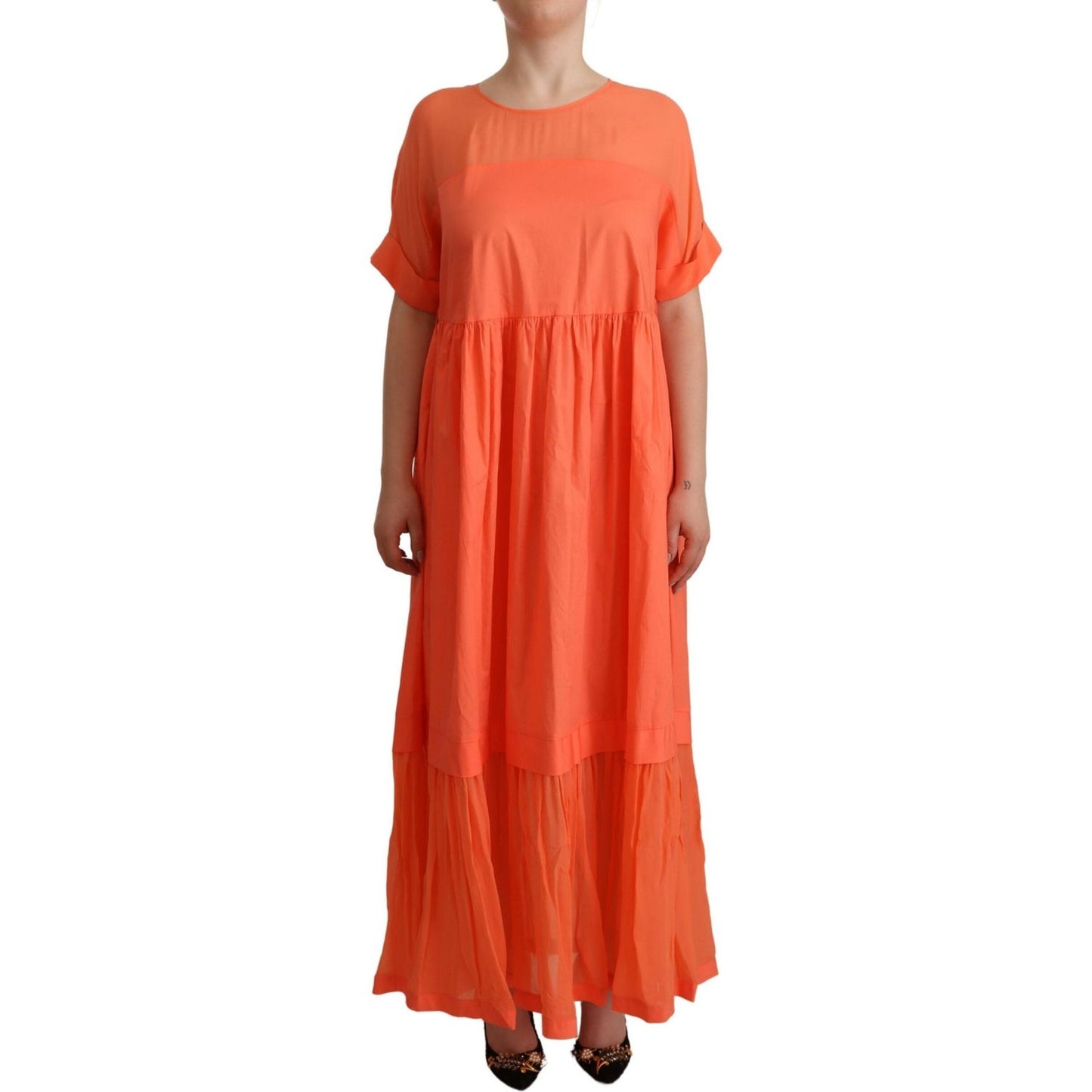 Twinset Elegant Coral Maxi Dress with Short Sleeves Twinset