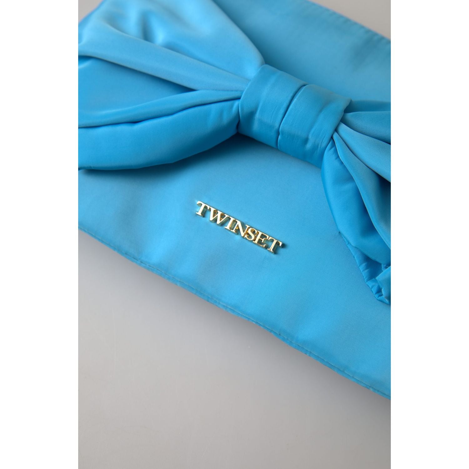 Twinset Blue Tafta Silk Large Bow Zipper Clutch Women Borse Logo Bag