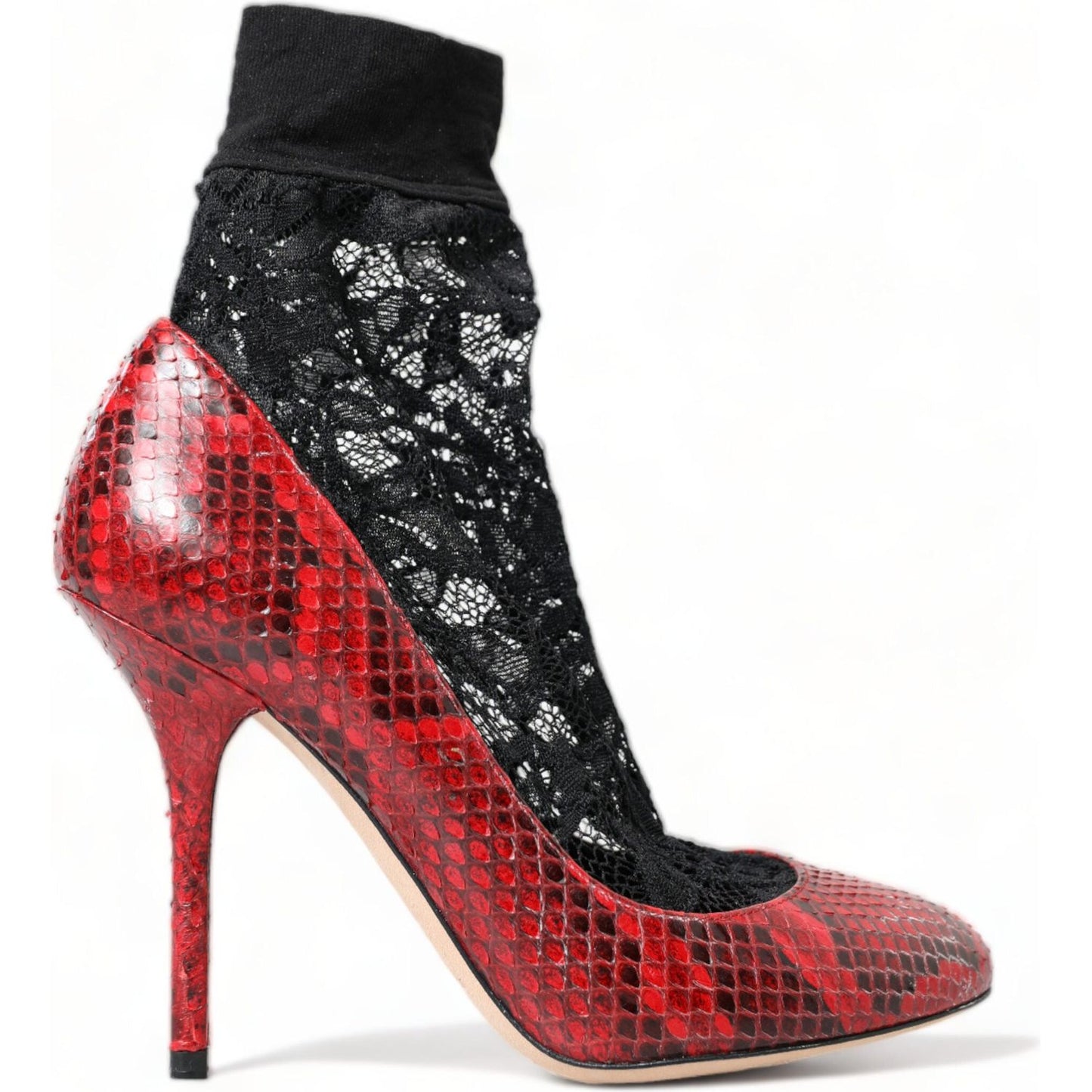 Dolce & Gabbana Red Almond Toe Snakeskin Pumps with Lace Socks Dolce & Gabbana