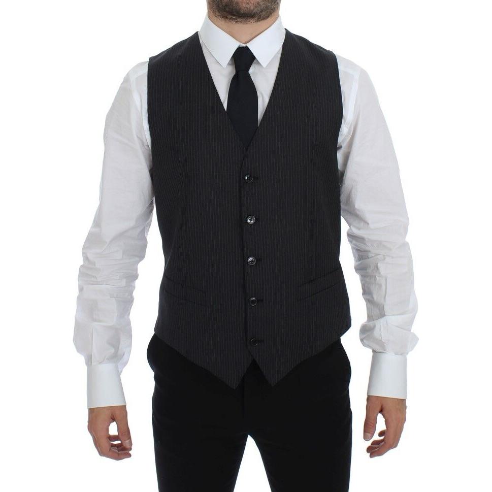 Dolce & Gabbana Gray Striped Wool Single Breasted Vest