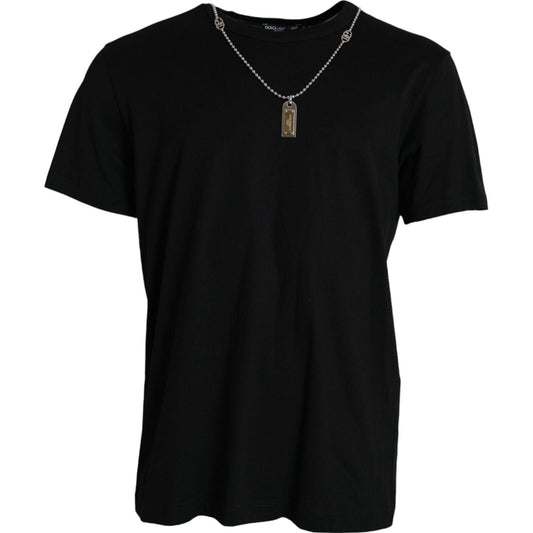 Dolce & Gabbana Elegant Black Cotton Crewneck Tee with Dog Tag Detail Dolce & Gabbana