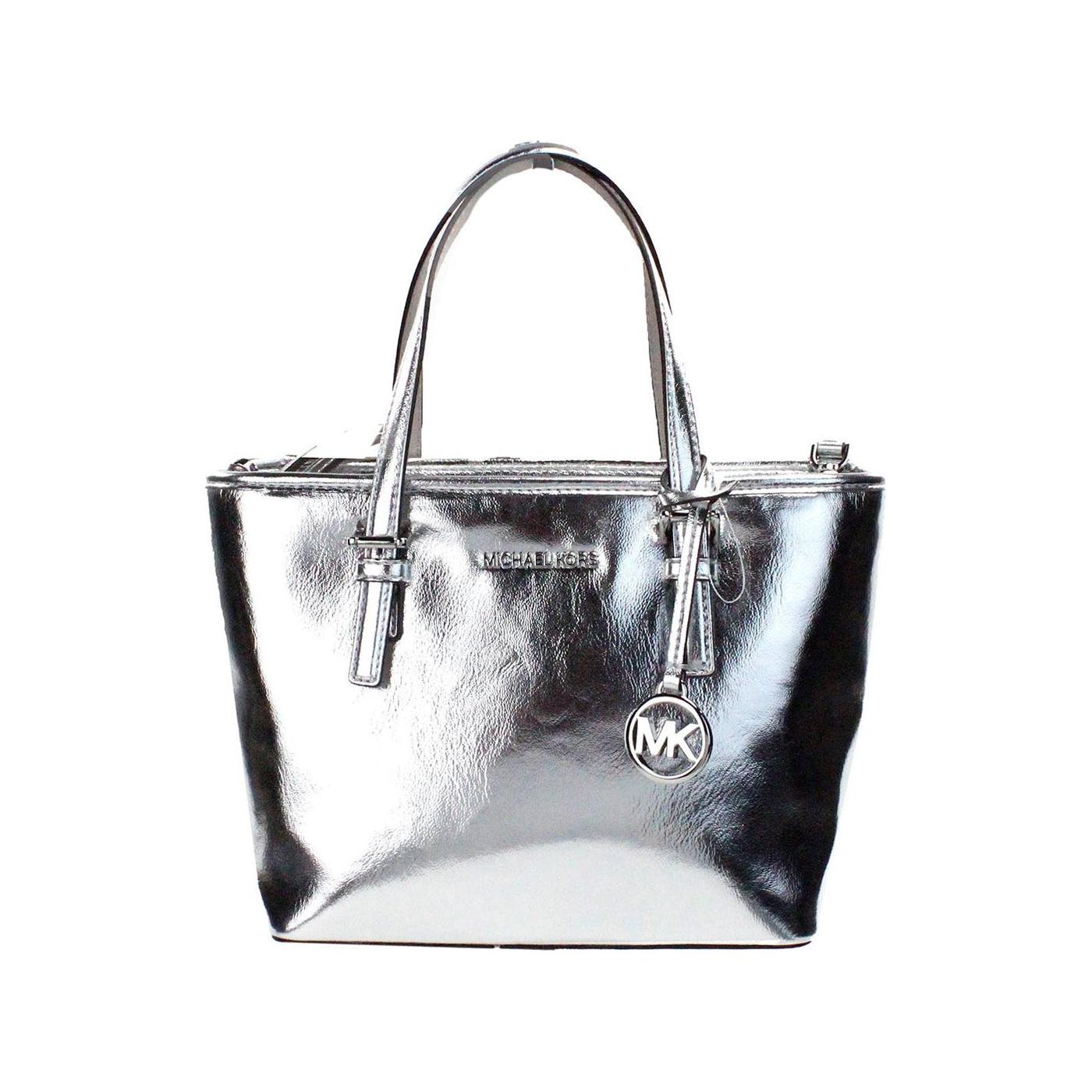 Michael Kors Jet Set Silver Metallic XS Carryall Top Zip Tote Bag Purse Michael Kors