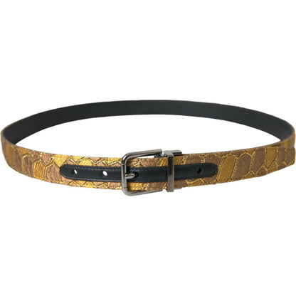 Dolce & Gabbana Gold Leather Jacquard Silver Metal Buckle Belt