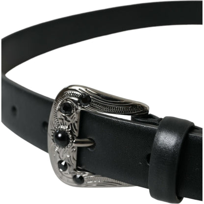 Dolce & Gabbana Black Embellished Leather Engraved Buckle Belt