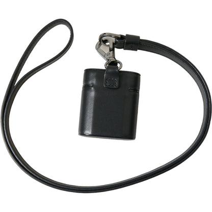 Dolce & Gabbana Black Leather Strap Silver Metal Logo Printed Airpods Case