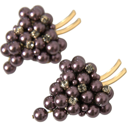 Dolce & Gabbana Purple Grape Pearl Sicily Gold Brass Floral Clip On Earrings Earrings Dolce & Gabbana