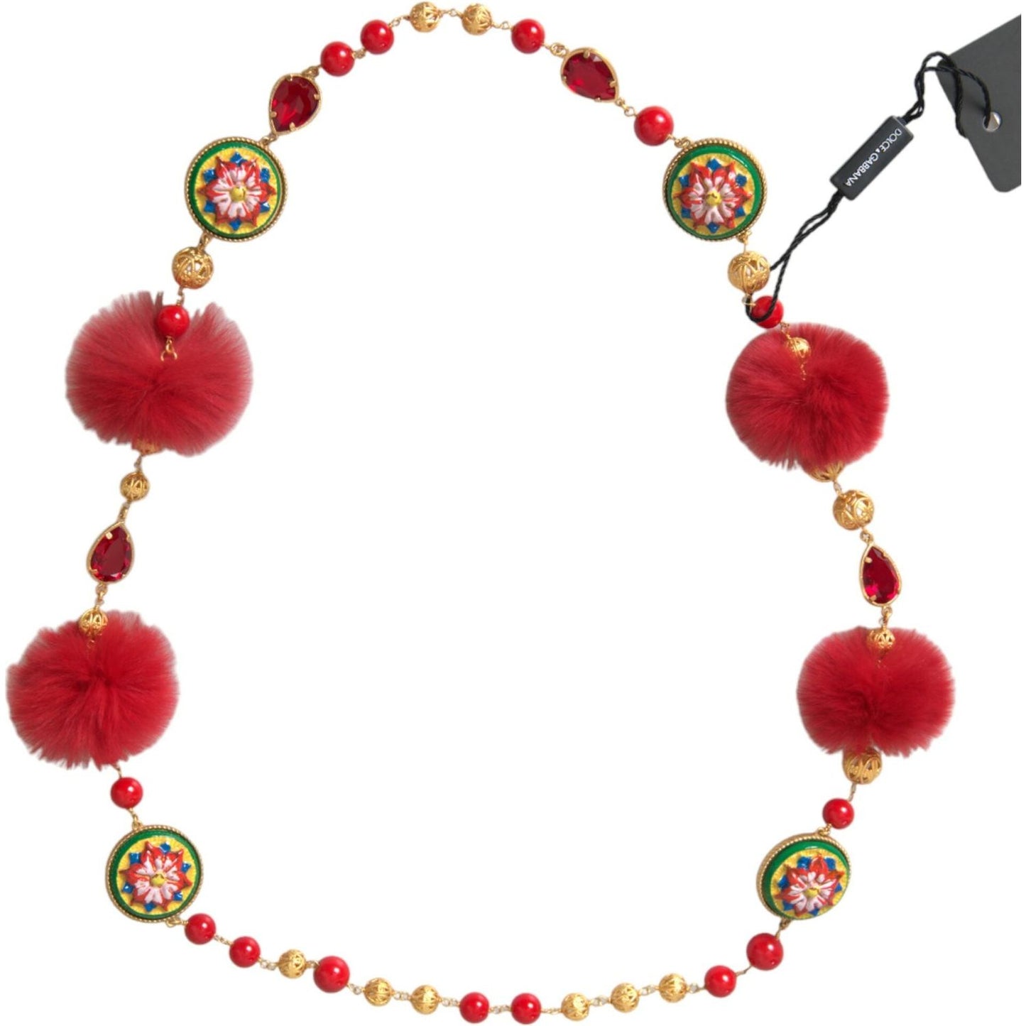 Dolce & Gabbana Gold Brass Red Fur Crystal Carretto Chain Necklace Dolce & Gabbana