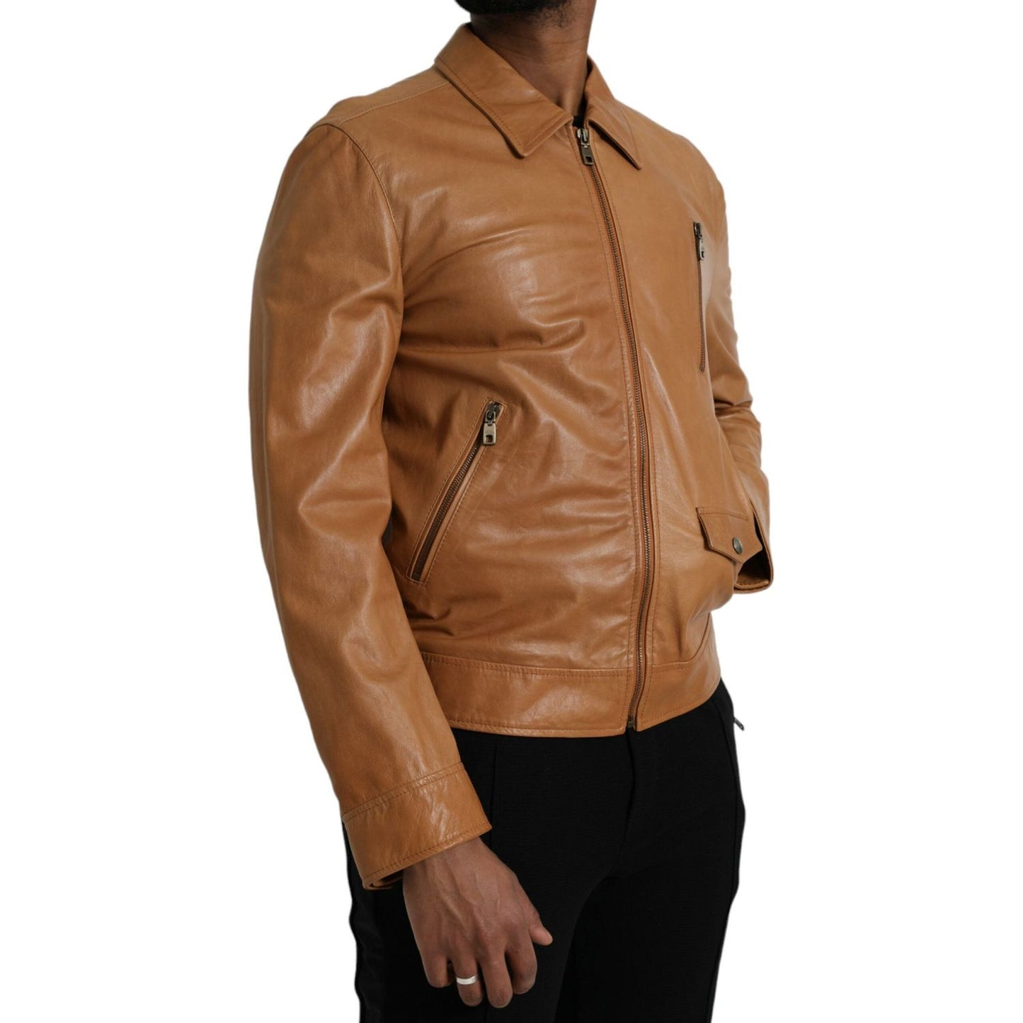 Dolce & Gabbana Brown Lamb Leather Full Zip Blouson Jacket Dolce & Gabbana