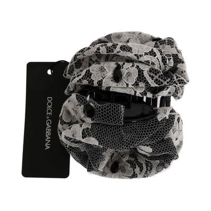 Dolce & Gabbana Black White Floral Lace Crystal Hair Claw