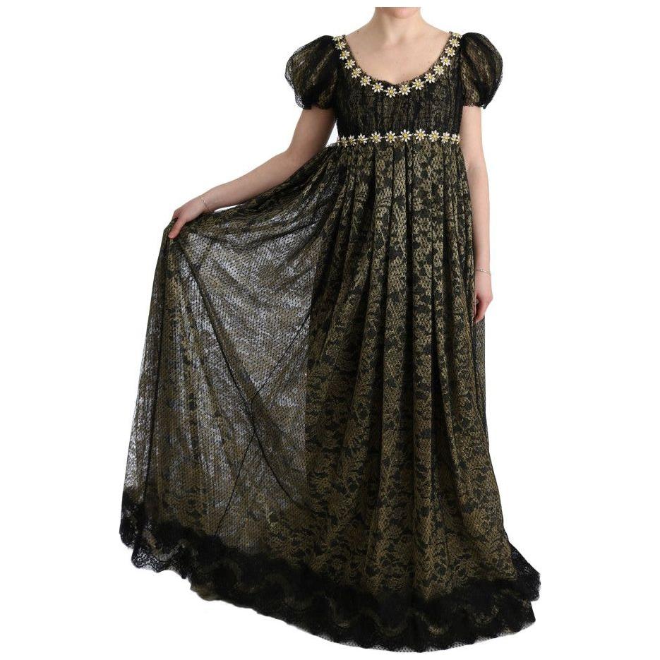 فستان ماكسي من دولتشي آند غابانا بطبعات عباد الشمس والدانتيل والكريستال