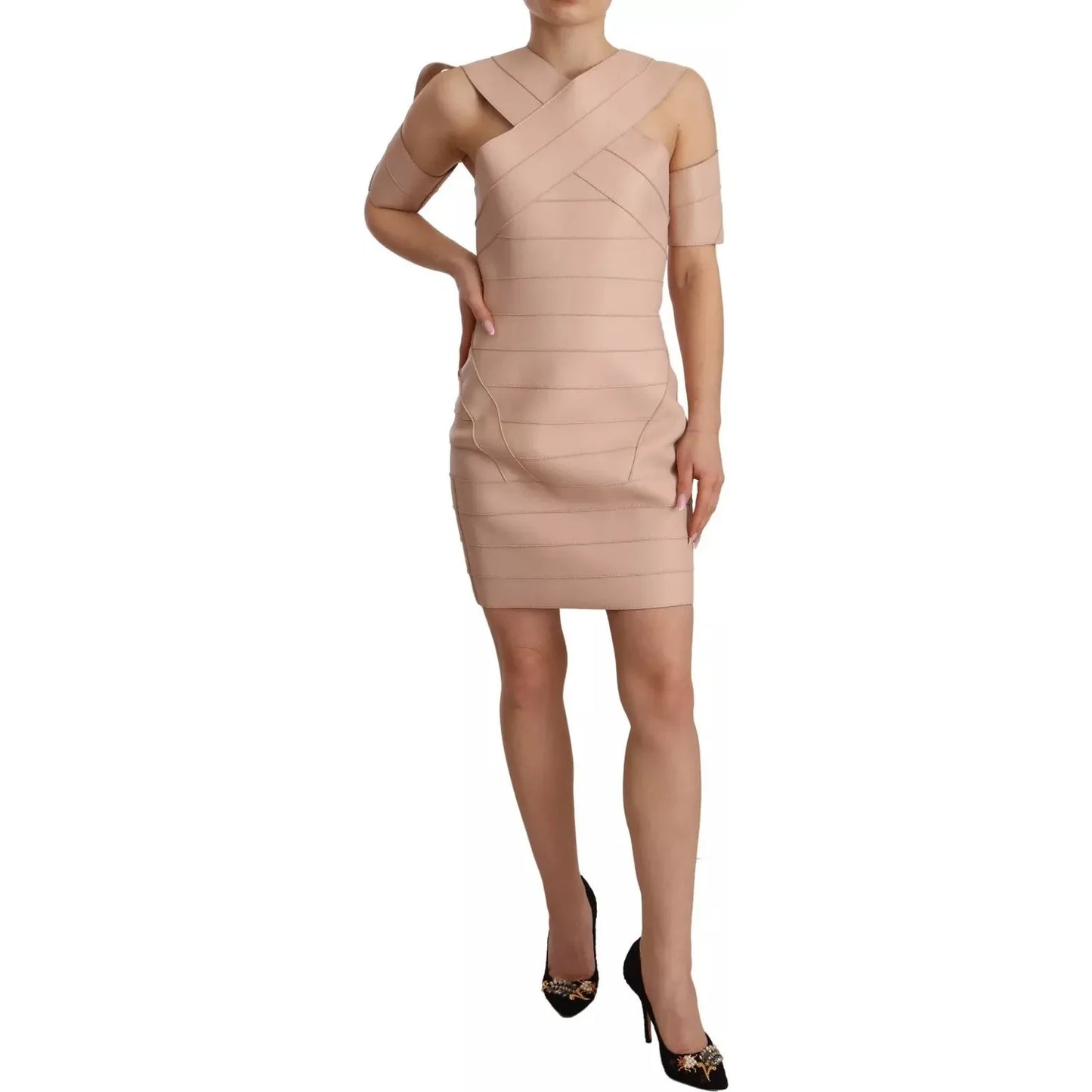 Dsquared² Beige Leather Open Shoulder Sheath Mini Dress Dsquared²