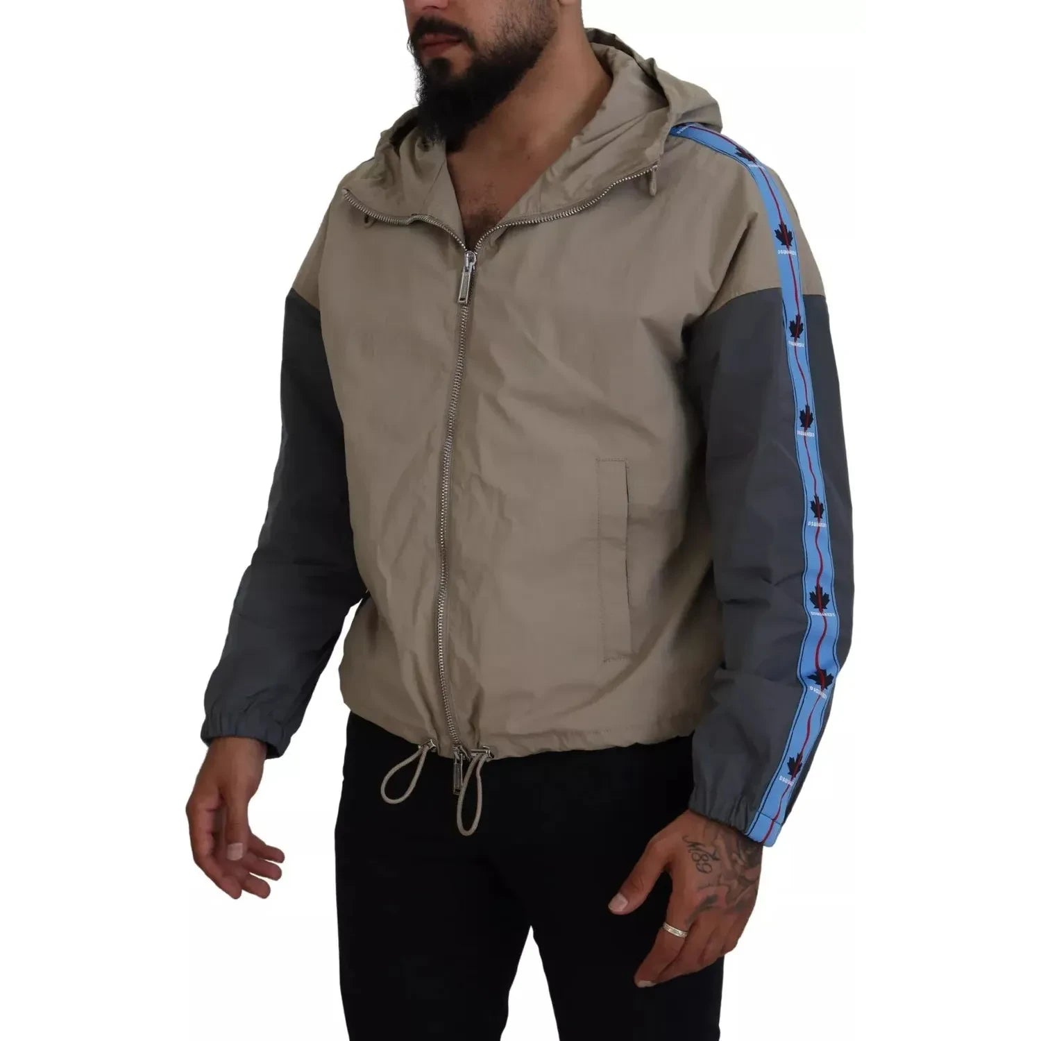 جاكيت Dsquared² بني رمادي بأكمام بغطاء رأس وسحاب كامل