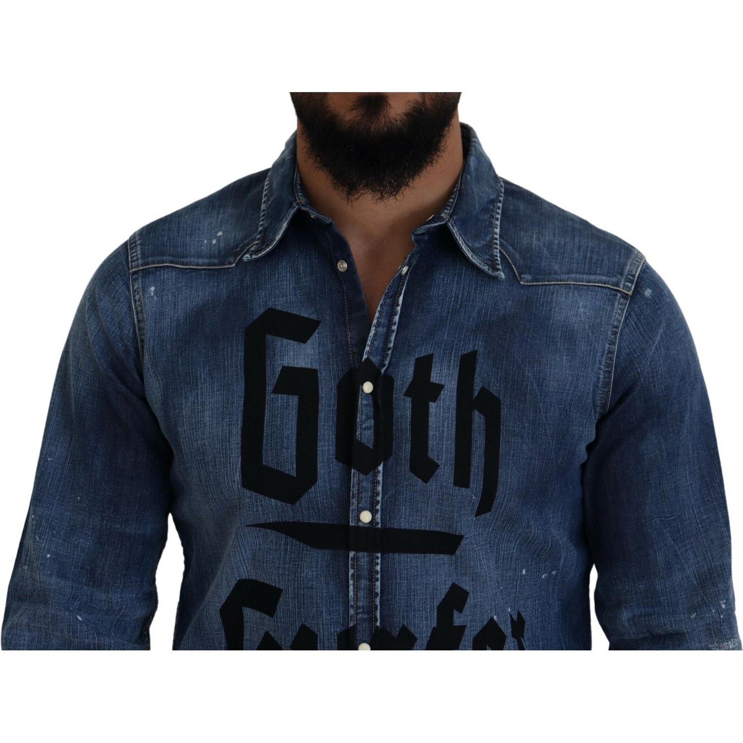 Dsquared² Blue Washed Goth Surfer Print Men Denim Shirt Dsquared²