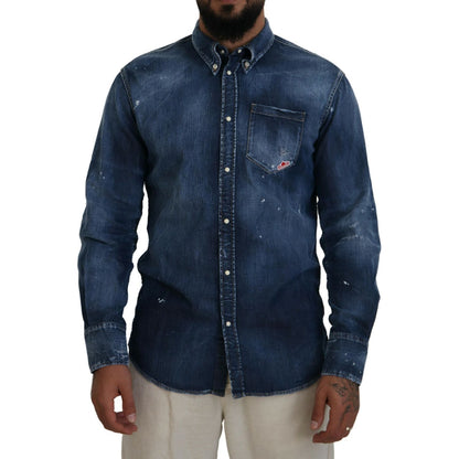 Dsquared² Blue Washed Collared Men Casual Long Sleeves Shirt Dsquared²