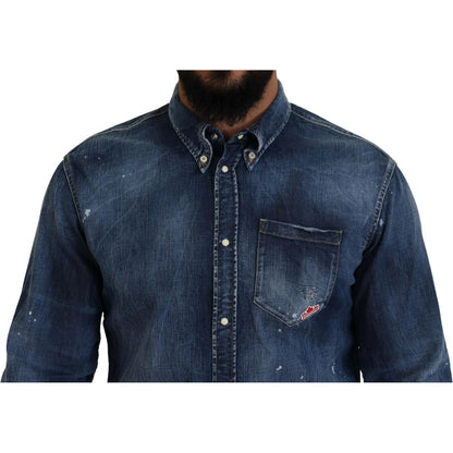 Dsquared² Blue Washed Collared Men Casual Long Sleeves Shirt Dsquared²