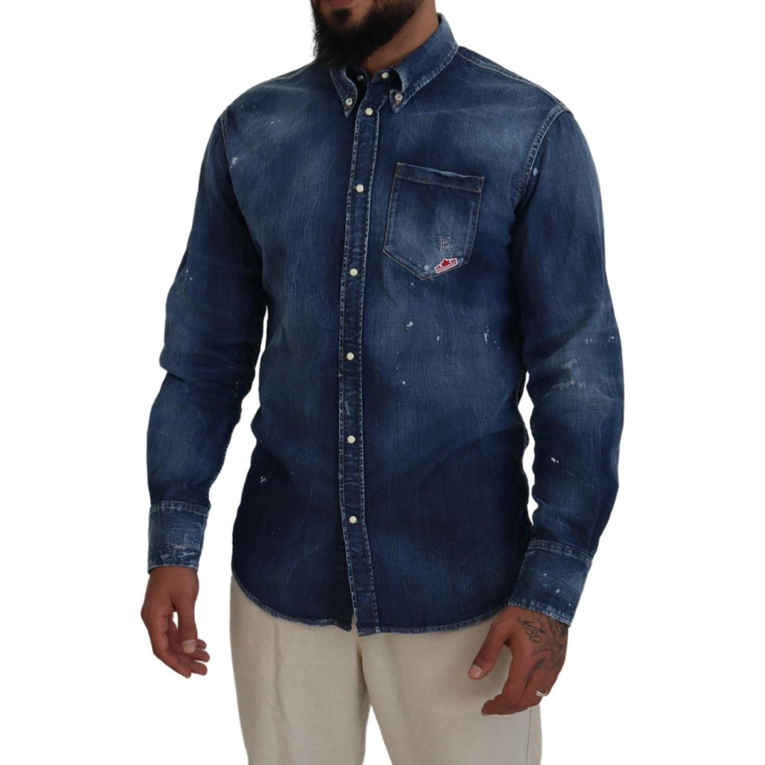 Dsquared² Blue Washed Collared Men Casual Long Sleeves Shirt