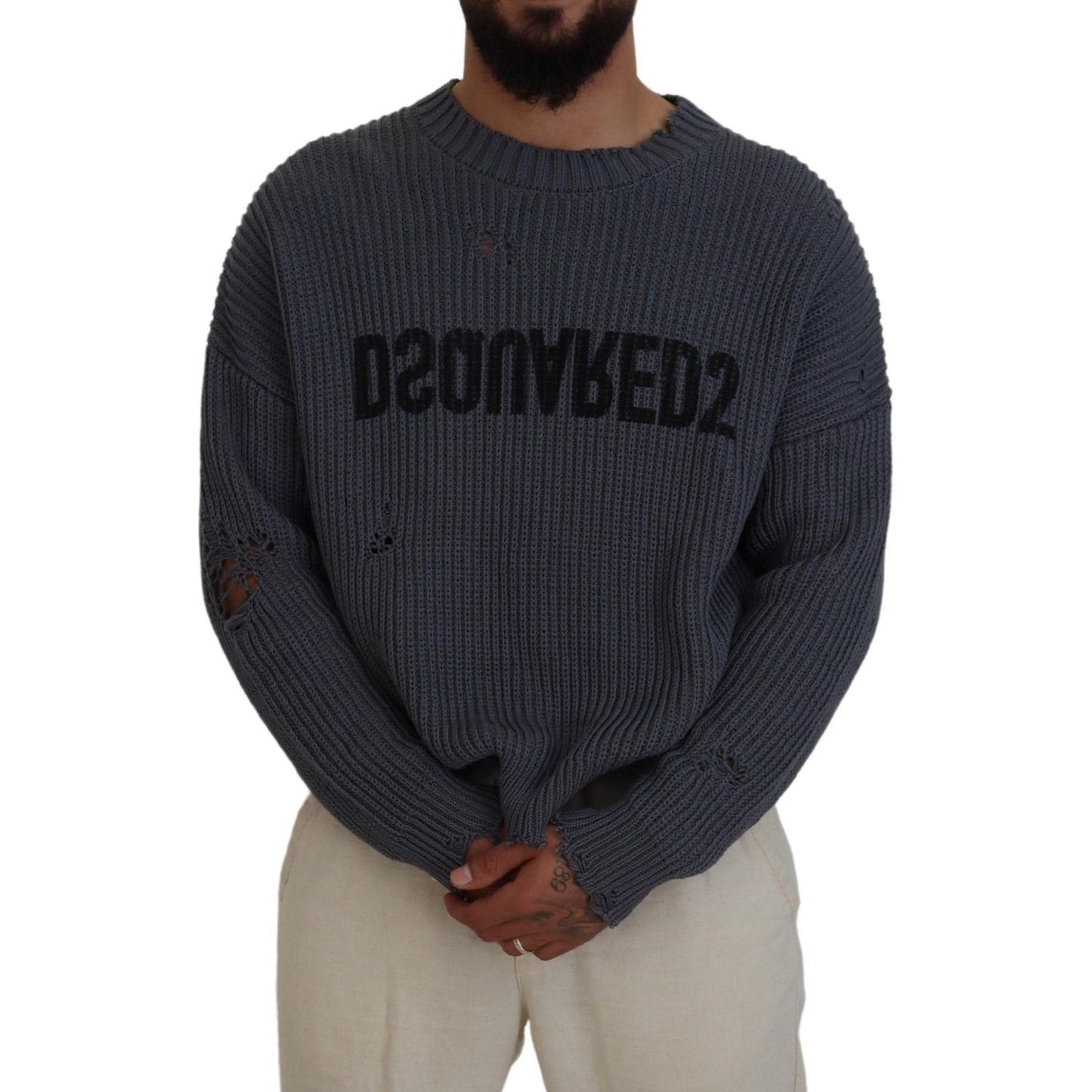 Dsquared² Gray Men Tattered Knitted Pullover Sweater Dsquared²