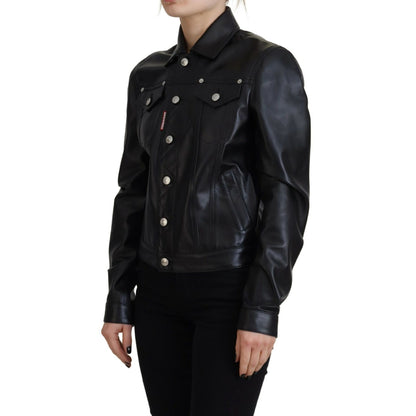 Dsquared² Black Leather Collared Long Sleeves Jacket