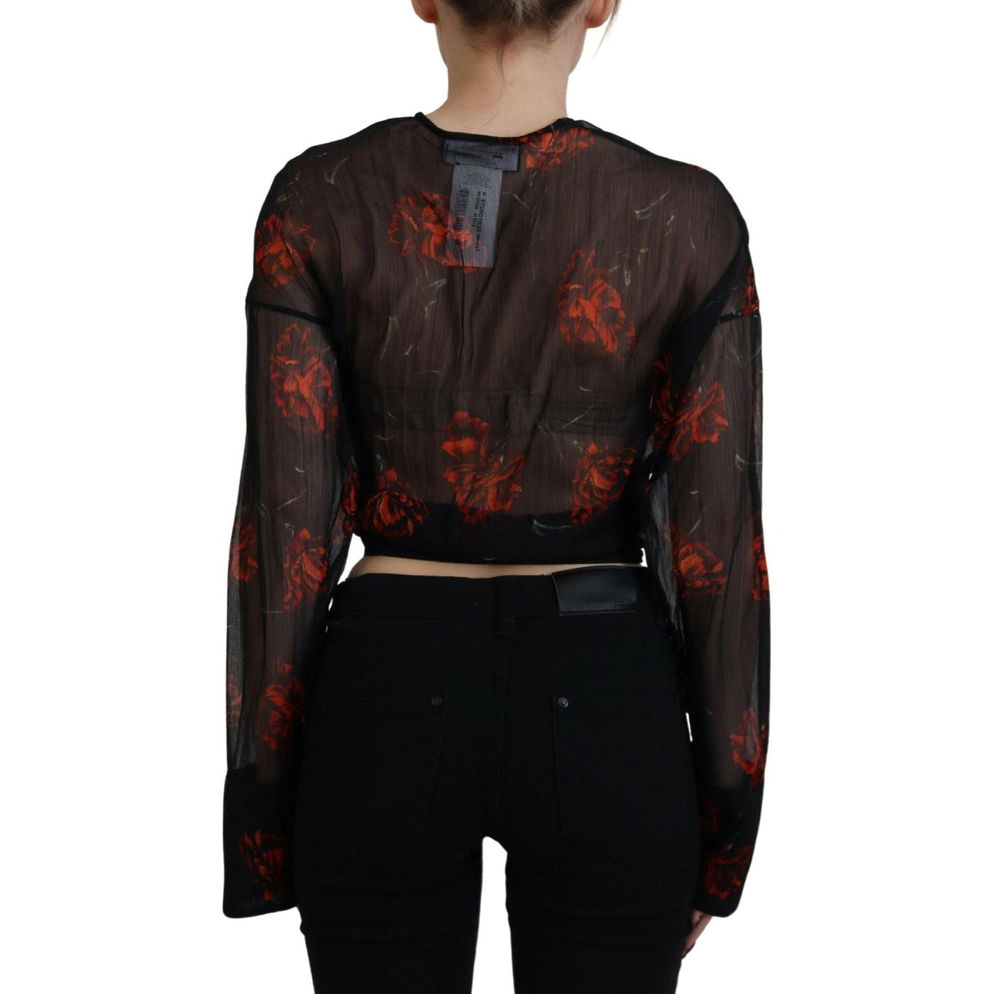 Dsquared² Black Floral Print Cropped Wrap Long Sleeves Top Dsquared²