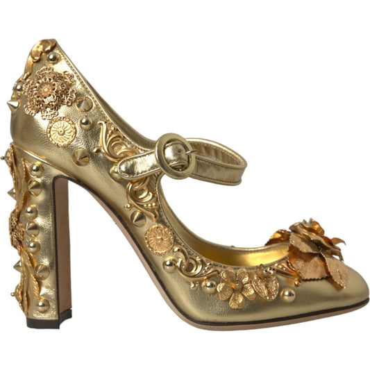 Dolce & Gabbana Gold Leather Crystal Mary Janes Pumps Shoes Dolce & Gabbana