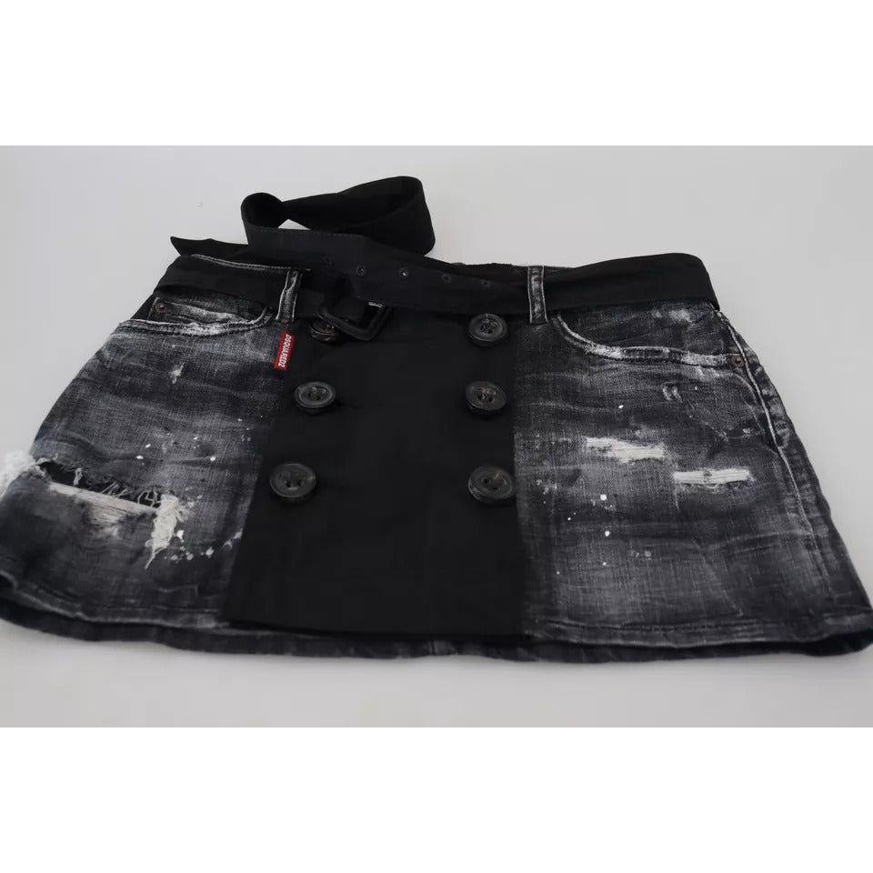 Dsquared² Black Distressed Mid Waist A-line Denim Mini Skirt Dsquared²