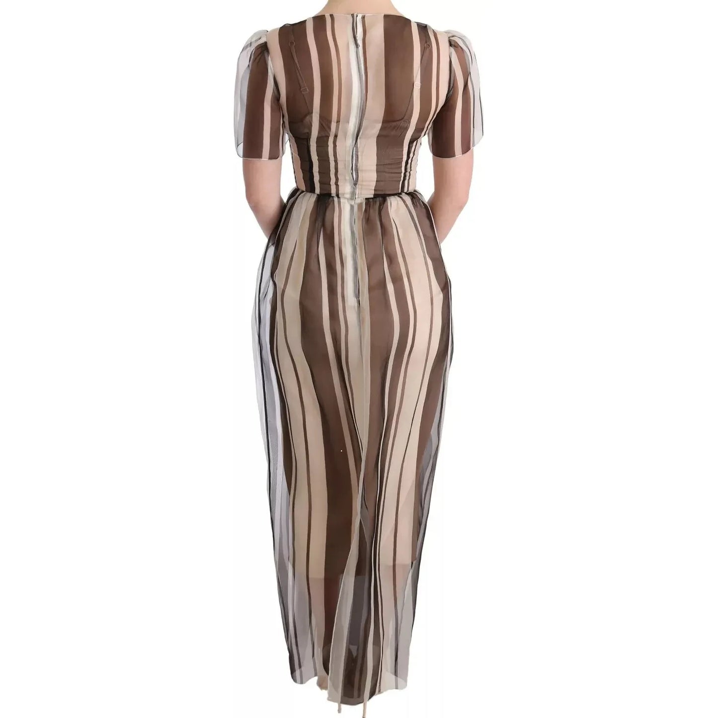 Dolce & Gabbana Beige Brown Striped Silk Sheath Dress Dolce & Gabbana