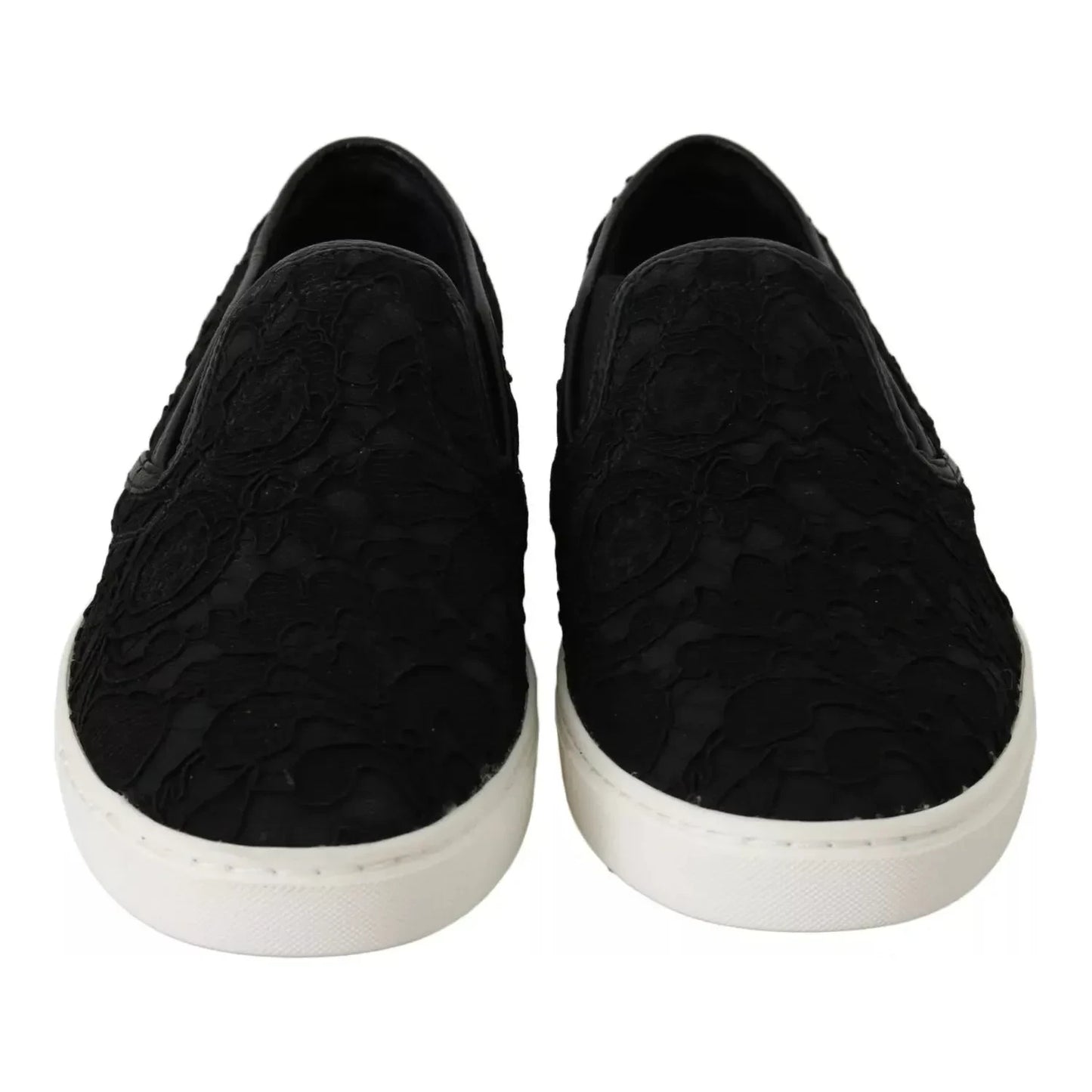 Dolce & Gabbana Black Lace Leather Logo Flat Slip-On Sneakers Dolce & Gabbana